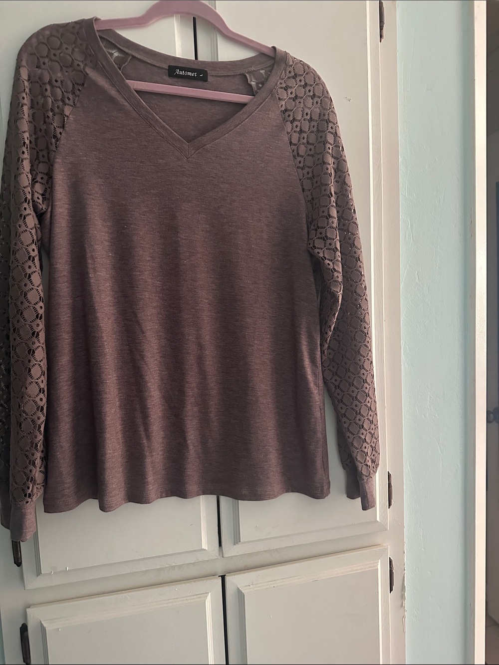 Dusty Mauve V-Neck Crochet Raglan Sleeve Top